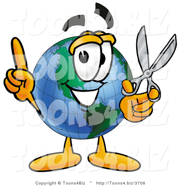 Vector Illustration of a Cartoon Globe Mascot Holding a Pair of Scissors