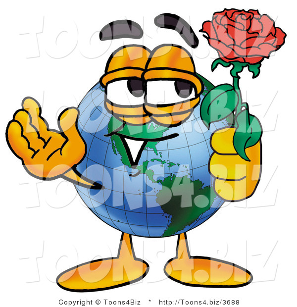 Vector Illustration of a Cartoon Globe Mascot Holding a Red Rose on Valentines Day