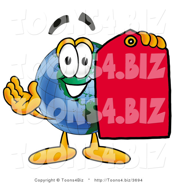 Vector Illustration of a Cartoon Globe Mascot Holding a Red Sales Price Tag