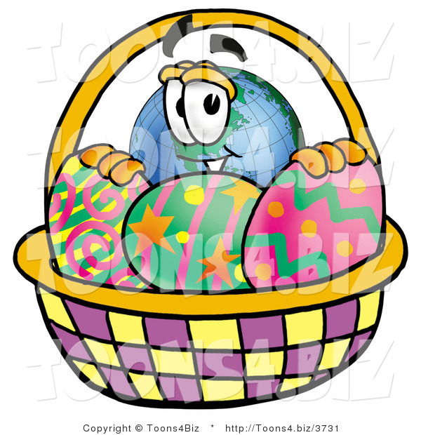 Vector Illustration of a Cartoon Globe Mascot in an Easter Basket Full of Decorated Easter Eggs