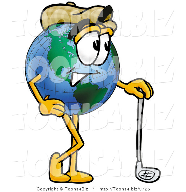 Vector Illustration of a Cartoon Globe Mascot Leaning on a Golf Club While Golfing