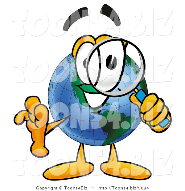 Vector Illustration of a Cartoon Globe Mascot Looking Through a Magnifying Glass