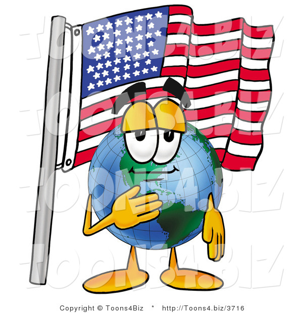 Vector Illustration of a Cartoon Globe Mascot Pledging Allegiance to an American Flag