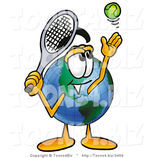 Vector Illustration of a Cartoon Globe Mascot Preparing to Hit a Tennis Ball