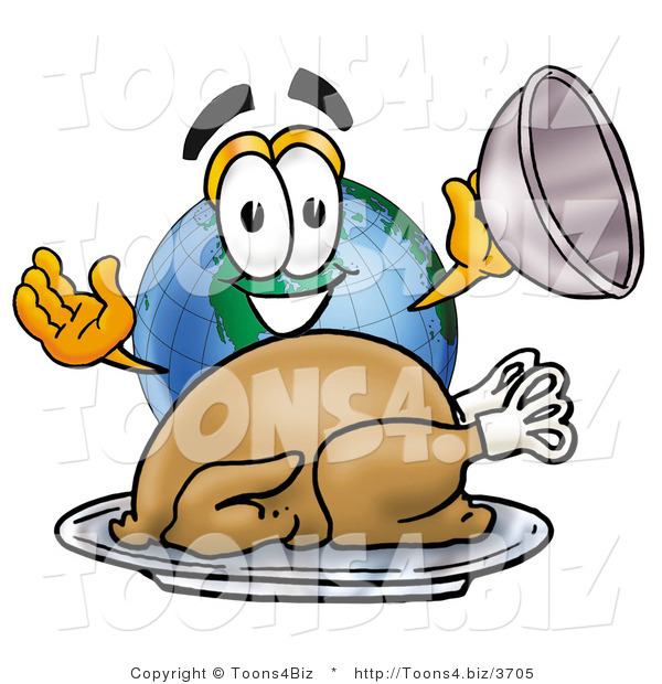 Vector Illustration of a Cartoon Globe Mascot Serving a Thanksgiving Turkey on a Platter