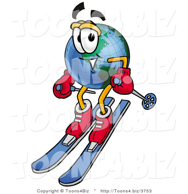 Vector Illustration of a Cartoon Globe Mascot Skiing Downhill