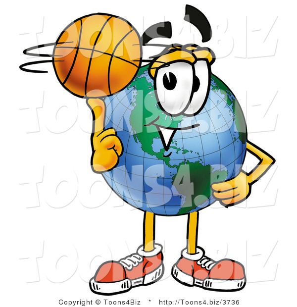 Vector Illustration of a Cartoon Globe Mascot Spinning a Basketball on His Finger