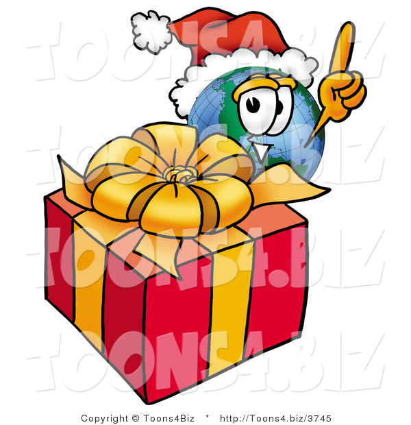 Vector Illustration of a Cartoon Globe Mascot Standing by a Christmas Present