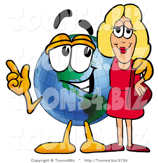 Vector Illustration of a Cartoon Globe Mascot Talking to a Pretty Blond Woman