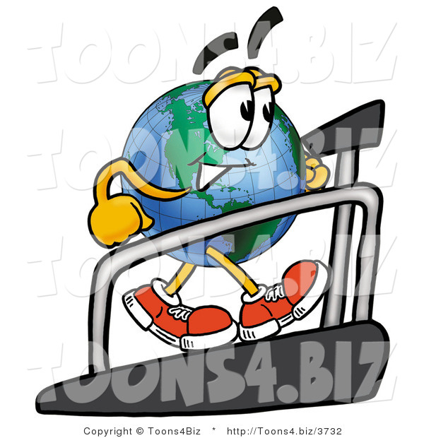 Vector Illustration of a Cartoon Globe Mascot Walking on a Treadmill in a Fitness Gym