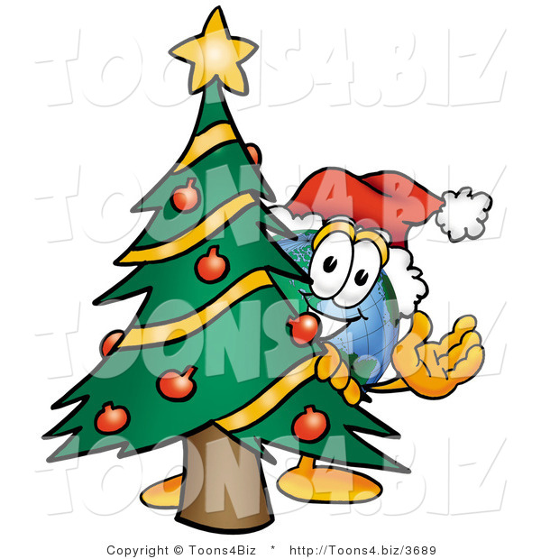 Vector Illustration of a Cartoon Globe Mascot Waving and Standing by a Decorated Christmas Tree