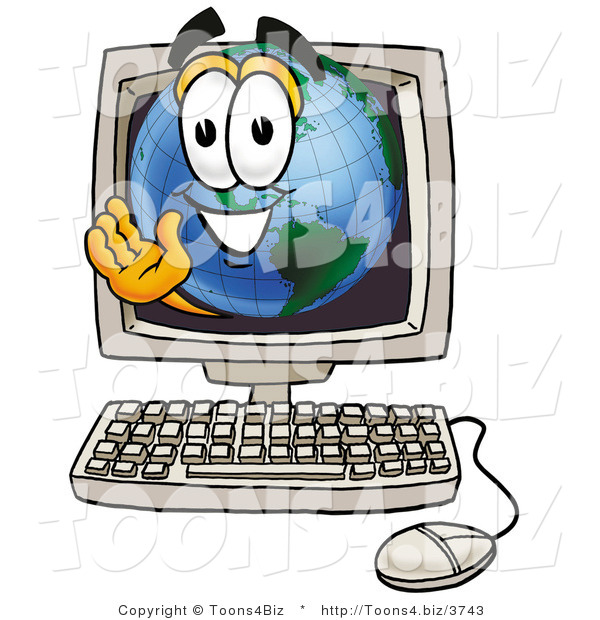 Vector Illustration of a Cartoon Globe Mascot Waving from Inside a Computer Screen