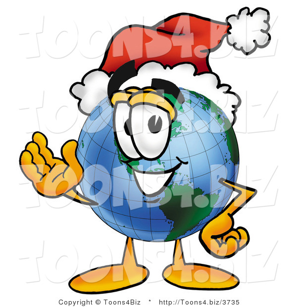 Vector Illustration of a Cartoon Globe Mascot Wearing a Santa Hat and Waving