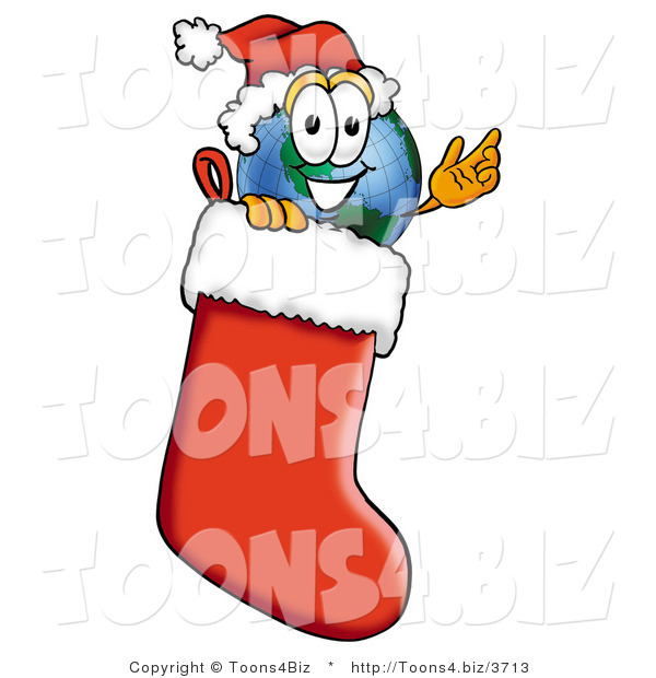 Vector Illustration of a Cartoon Globe Mascot Wearing a Santa Hat Inside a Red Christmas Stocking