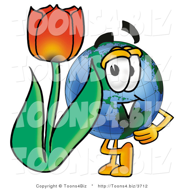 Vector Illustration of a Cartoon Globe Mascot with a Red Tulip Flower in the Spring