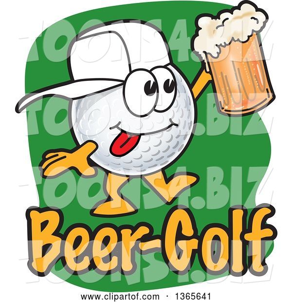 Vector Illustration of a Cartoon Golf Ball Sports Mascot Holding a Beer over Text