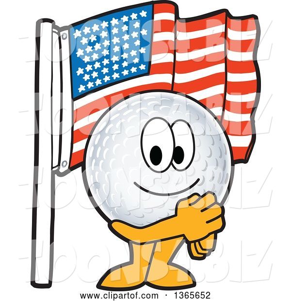 Vector Illustration of a Cartoon Golf Ball Sports Mascot Pledging Allegiance to the American Flag