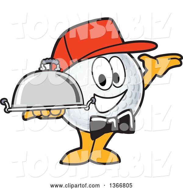 Vector Illustration of a Cartoon Golf Ball Sports Mascot Waiter Wearing a Red Hat, Presenting and Holding a Cloche Platter
