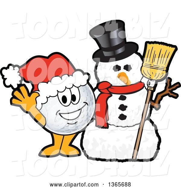 Vector Illustration of a Cartoon Golf Ball Sports Mascot Waving by a Christmas Snowman