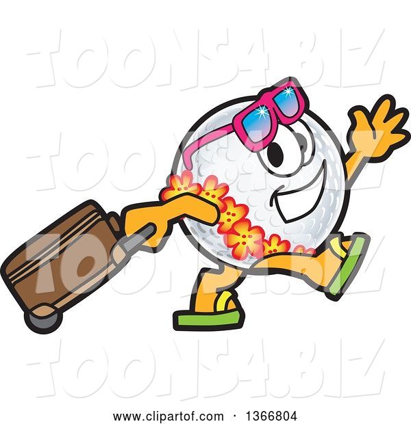 Vector Illustration of a Cartoon Golf Ball Sports Mascot Wearing a Hawaiian Lei and Sunglasses, Walking with a Rolling Suitcase