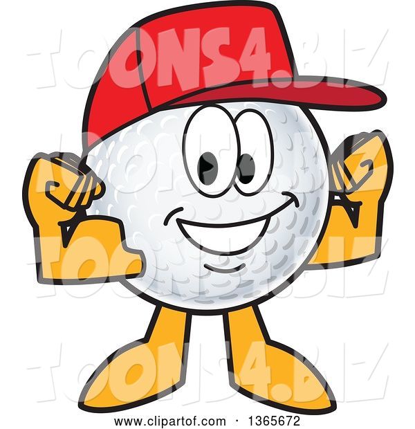 Vector Illustration of a Cartoon Golf Ball Sports Mascot Wearing a Red Hat and Flexing