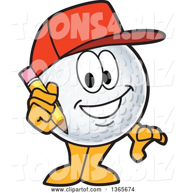 Vector Illustration of a Cartoon Golf Ball Sports Mascot Wearing a Red Hat and Holding a Pencil
