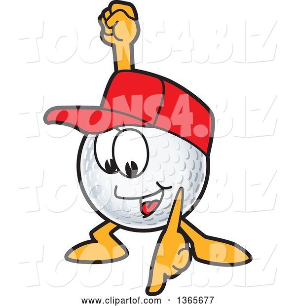 Vector Illustration of a Cartoon Golf Ball Sports Mascot Wearing a Red Hat and Pointing down