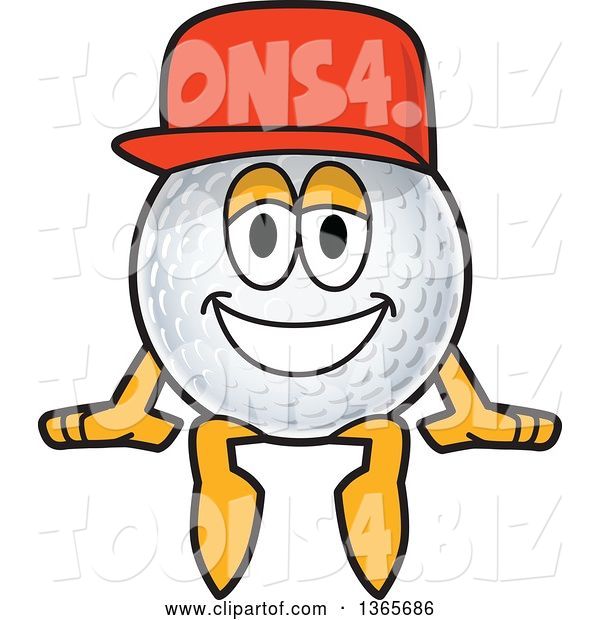 Vector Illustration of a Cartoon Golf Ball Sports Mascot Wearing a Red Hat and Sitting