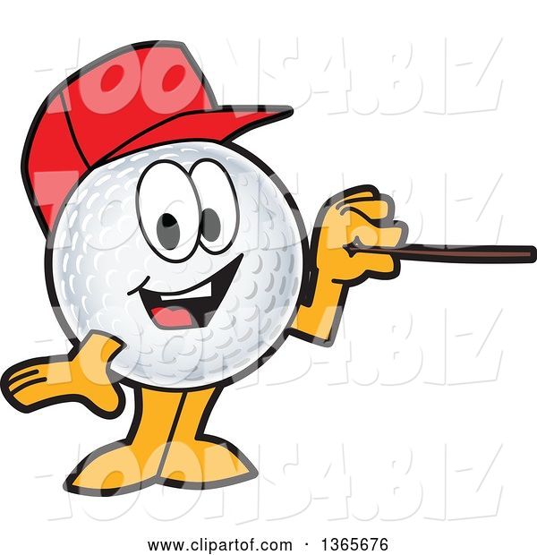 Vector Illustration of a Cartoon Golf Ball Sports Mascot Wearing a Red Hat and Using a Pointer Stick