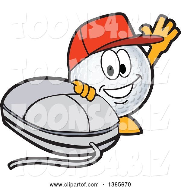 Vector Illustration of a Cartoon Golf Ball Sports Mascot Wearing a Red Hat and Waving by a Computer Mouse