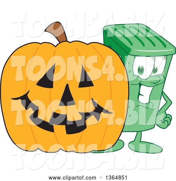 Vector Illustration of a Cartoon Green Rolling Trash Can Mascot by a Halloween Jackolantern Pumpkin