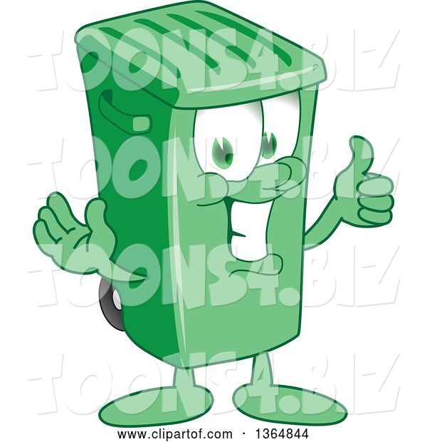 Vector Illustration of a Cartoon Green Rolling Trash Can Mascot Giving a Thumb up