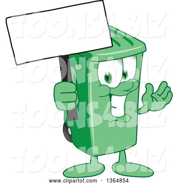Vector Illustration of a Cartoon Green Rolling Trash Can Mascot Holding a Blank Sign