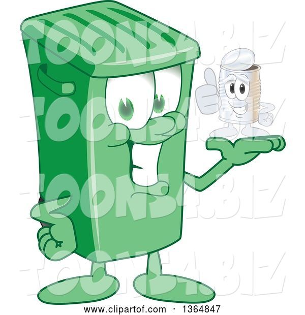 Vector Illustration of a Cartoon Green Rolling Trash Can Mascot Holding a Tin Can