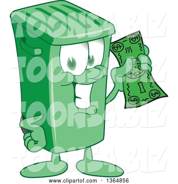 Vector Illustration of a Cartoon Green Rolling Trash Can Mascot Holding Cash Money