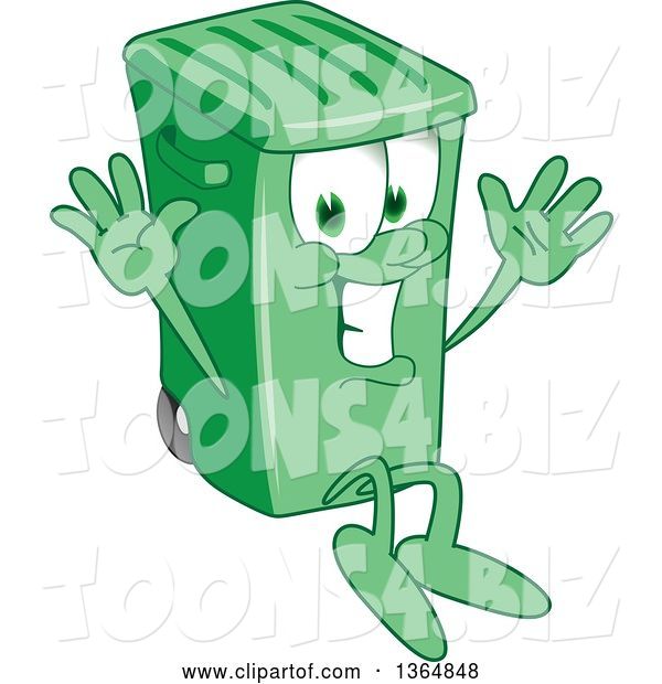 Vector Illustration of a Cartoon Green Rolling Trash Can Mascot Jumping