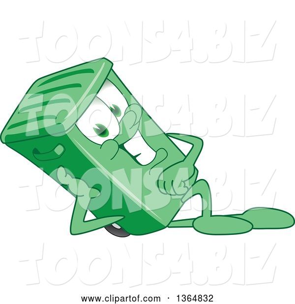 Vector Illustration of a Cartoon Green Rolling Trash Can Mascot Resting on His Side