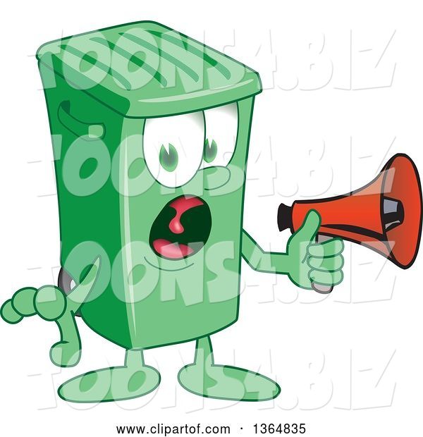 Vector Illustration of a Cartoon Green Rolling Trash Can Mascot Screaming into a Megaphone