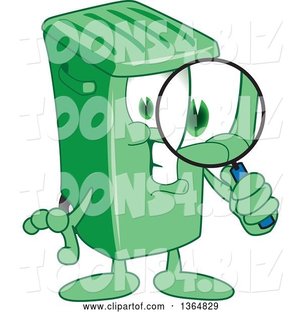Vector Illustration of a Cartoon Green Rolling Trash Can Mascot Searching with a Magnifying Glass