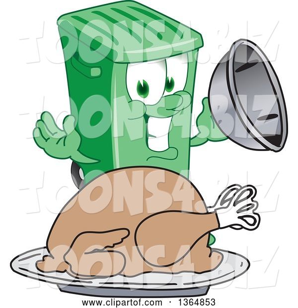 Vector Illustration of a Cartoon Green Rolling Trash Can Mascot Serving a Roasted Thanksgiving Turkey
