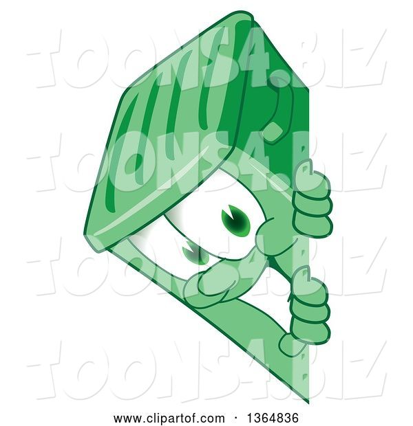 Vector Illustration of a Cartoon Green Rolling Trash Can Mascot Smiling Around a Sign