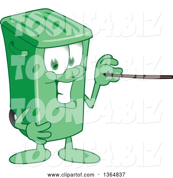 Vector Illustration of a Cartoon Green Rolling Trash Can Mascot Using a Pointer Stick