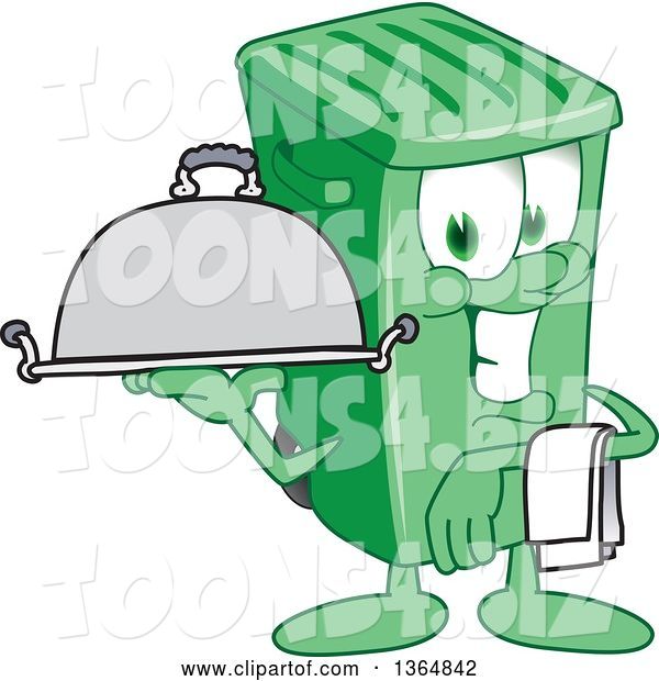 Vector Illustration of a Cartoon Green Rolling Trash Can Mascot Waiter Holding a Cloche Platter