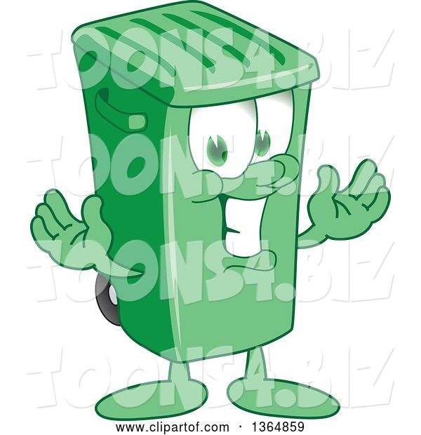 Vector Illustration of a Cartoon Green Rolling Trash Can Mascot Welcoming