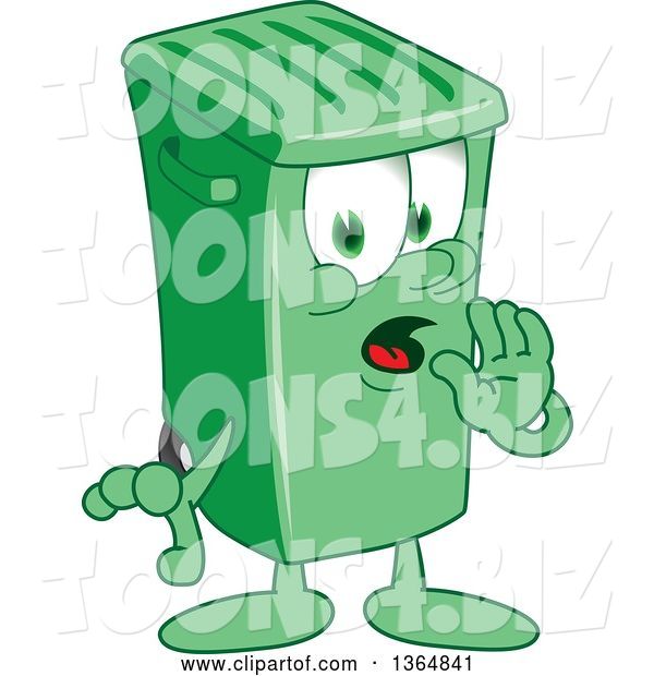 Vector Illustration of a Cartoon Green Rolling Trash Can Mascot Whispering