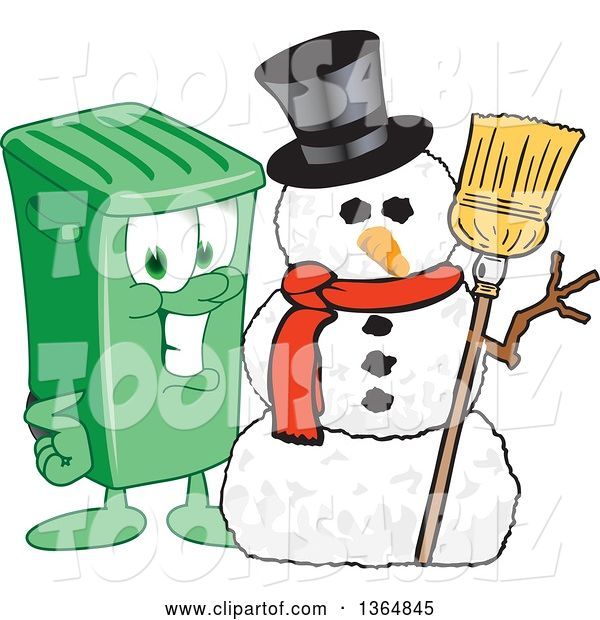 Vector Illustration of a Cartoon Green Rolling Trash Can Mascot with a Christmas Snowman
