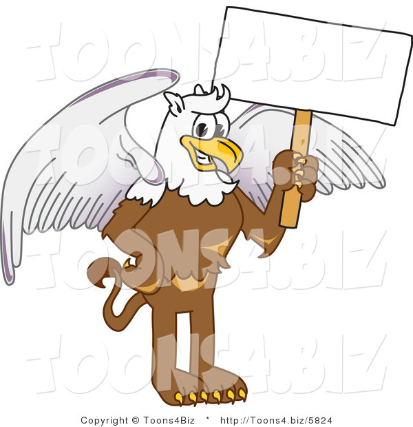 Vector Illustration of a Cartoon Griffin Mascot Holding a White Sign
