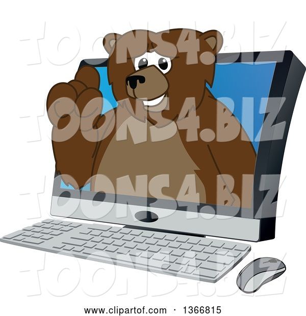 Vector Illustration of a Cartoon Grizzly Bear School Mascot Emerging from a Desktop Computer Screen