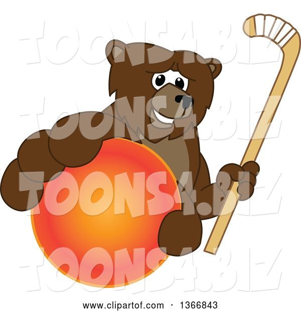 Vector Illustration of a Cartoon Grizzly Bear School Mascot Grabbing a Ball and Holding a Hockey Stick
