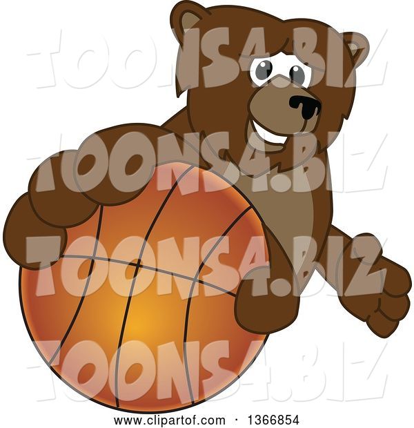 Vector Illustration of a Cartoon Grizzly Bear School Mascot Grabbing a Basketball